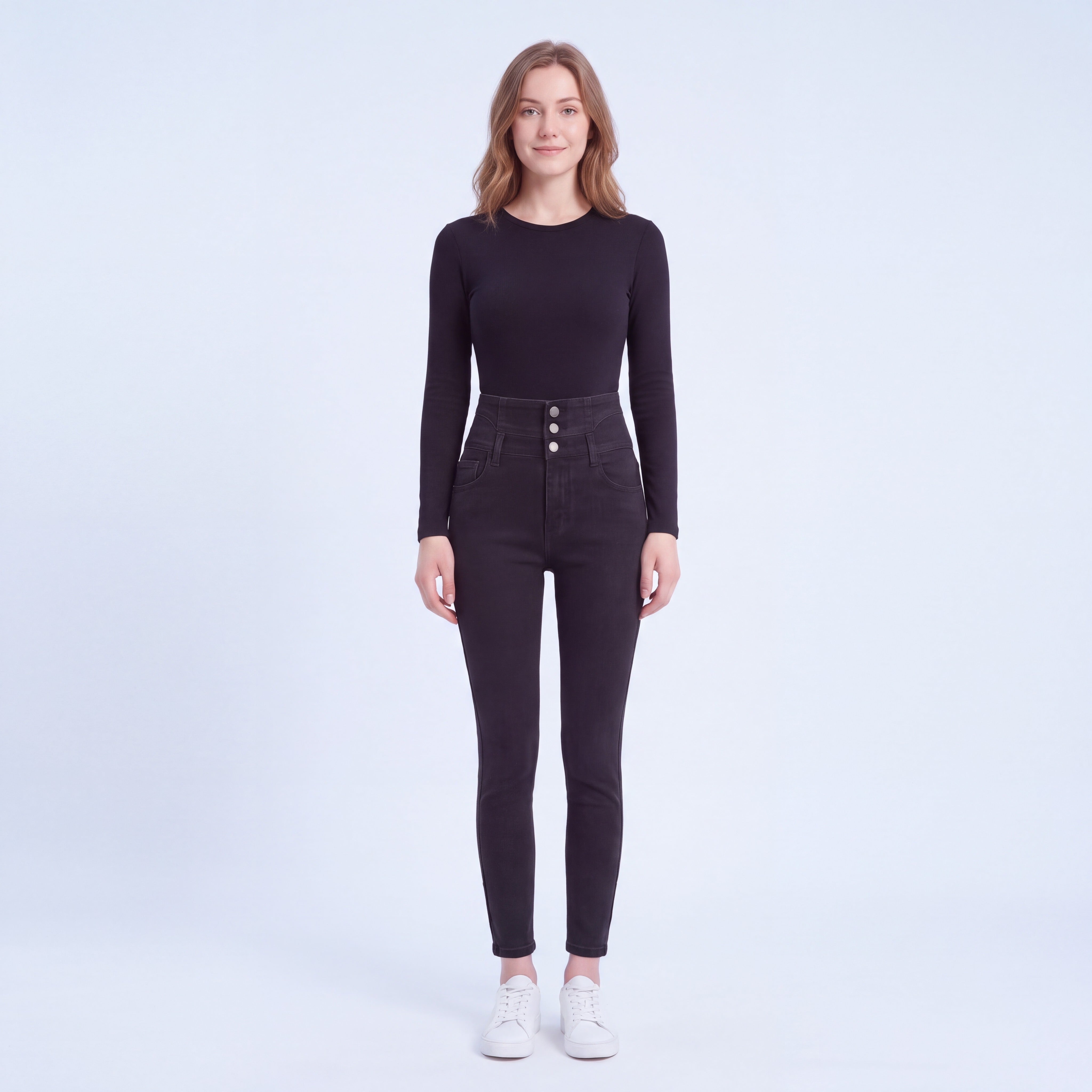Model wearing Stella fleece-lined high-rise jeans in Black, full length