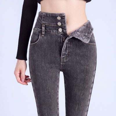 Stella jeans in Dark Gray with the waistband folded to show the fleece lining