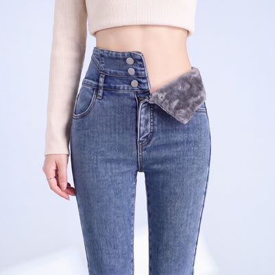Stella jeans in Vintage Blue with the waistband folded to show the fleece lining